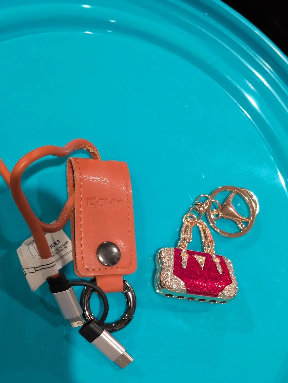 Brown Leather Keychain USB Charging Cable with Key Ring